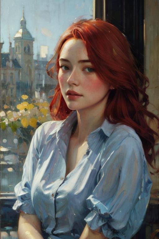 01404-619143683-oil painting,x 1girl, solo, shirt, red hair, realistic, long hair, looking at viewer_lora_oil_0.7_.png